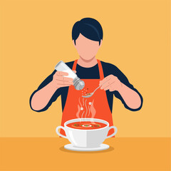 Adding Salt to Hot Soup with Spoon and Apron Person
