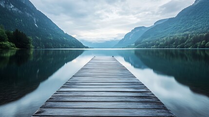 Wooden pier stretches onto a serene lake reflecting forested mountains against a cloudy atmospheric sky