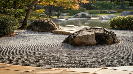 Zen garden features meticulously raked gravel patterns alongside large rocks and a serene pond backdrop, creating peace