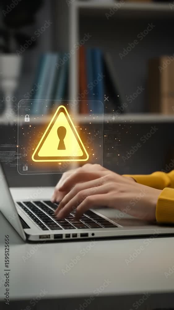 Poster cybersecurity vulnerability alert: hands typing on laptop with keyhole warning icon