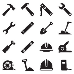 Construction tools icon set black silhouette vector pack