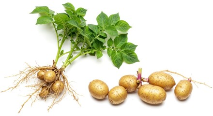 Fresh Potato Plant with Roots and Green Leaves on White Background