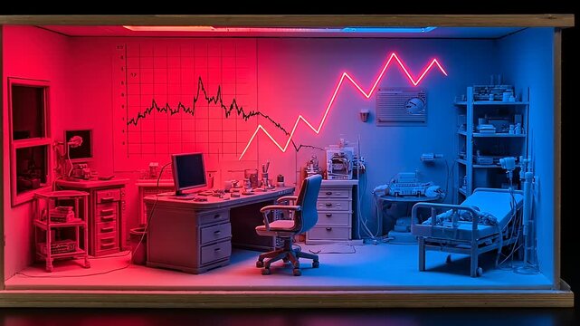Conceptual medical office interior with stock market graph fluctuation representation - Powered by Adobe