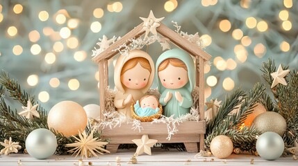 Vintage  Christmas Nativity scene with delicate figurines of Mary, Joseph, and baby Jesus in a wooden crib, soft pastel tones and nostalgic charm.