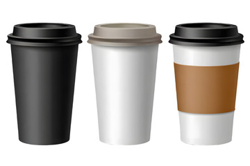 Three Disposable Coffee Cups on Transparent Background