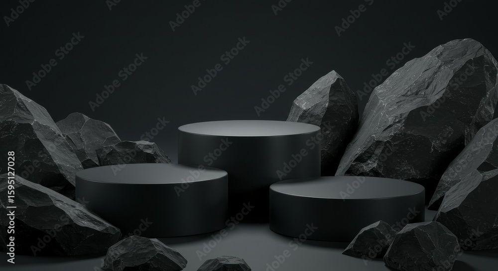 Fototapete three product display podiums with dark rocks in studio setting