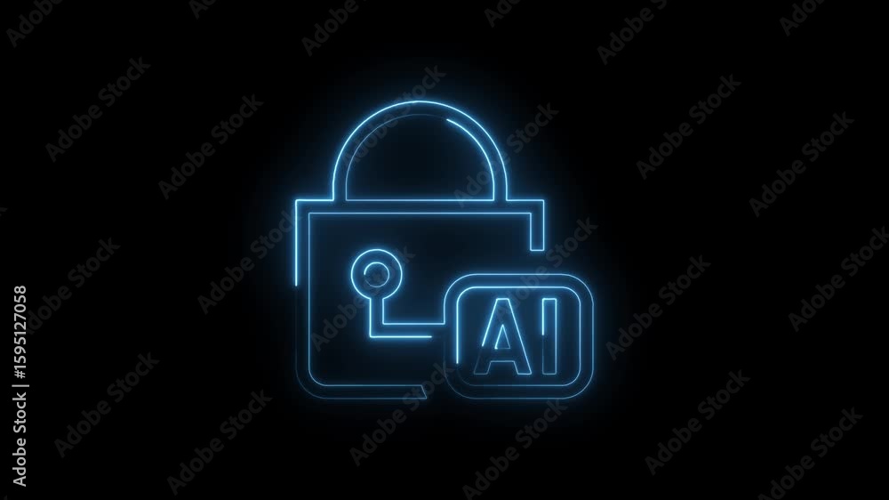Poster glowing blue neon a i security lock icon with circuit board element and transparent background repre
