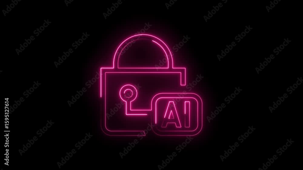 Poster glowing neon pink a i security lock icon with circuit board elements on transparent black background