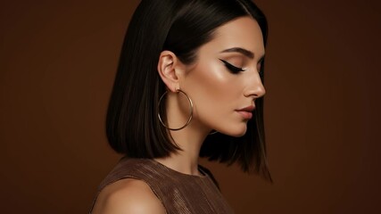 Elegant Woman: Side portrait of a brunette woman in her 20s with striking eyeliner and gold hoop earrings, embodying timeless sophistication and stylish simplicity.