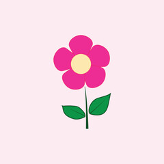 A simple, stylized illustration of a bright pink flower with a yellow center and green leaves against a soft pink background.