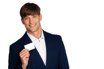 Smiling handsome businessman in suit showing a blank white card, isolated on transparent background