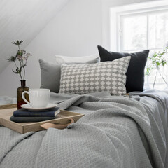 Modern luxury bedroom interior in minimal scandinavian style, 3d render