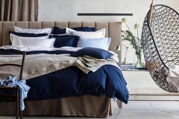 Modern luxury bedroom interior in minimal scandinavian style, 3d render