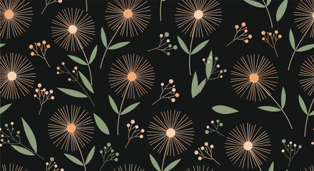 Botanical Illustration of Dandelion Seed Heads and Foliage on a Dark Background