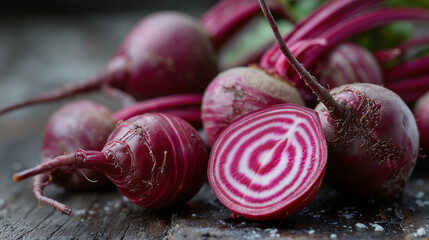 Raw chioggia beetroot with vivid candy-stripe rings on rustic wooden table