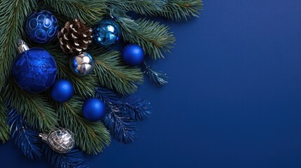 Blue Christmas Decorations on Fir Branches with Pine Cone - Festive Holiday Design Elements