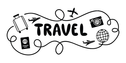 Black and White Travel Doodle with Suitcase Globe and Passport on Transparent Background This black