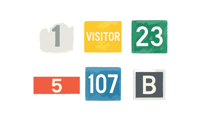 watercolor icon faded numbering stencil, visitor spot identifier, assigned space digits, lot number, sequence painted row, contrast numbered edge paint colored isolated