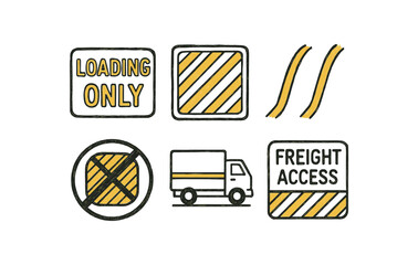 hand drawn icon yellow lettered LOADING , striped delivery space, painted dock guide lines, hash marked parking ban, box truck load line, freight access marking sketch drawing style icons style isolat