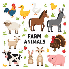 Adobe illustrator vector artwork set of various cute farm animals including a rooster, duck, goose, horse, donkey, chick, sheep, turkey, goat, cow, rabbit, and pig. Perfect for children's books