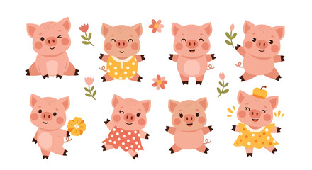 Adobe illustrator vector artwork set of cute pink pigs in various playful poses, adorned with flowers and leaves. Perfect for farm animals, children's designs, and cheerful themes