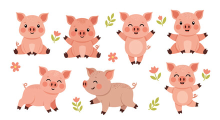 Adobe illustrator vector artwork set of cute pink pigs in various playful poses, adorned with flowers and leaves. Perfect for farm animals, children's designs, and cheerful themes