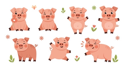 Adobe illustrator vector artwork set of cute pink pigs in various playful poses, adorned with flowers and leaves. Perfect for farm animals, children's designs, and cheerful themes