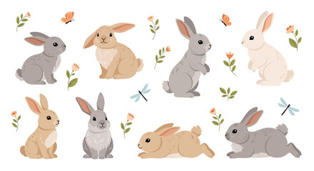 Adobe illustrator vector artwork set of cute rabbits in various poses, adorned with butterflies, flowers, and leaves. Perfect for spring, Easter, nature, and animal themes