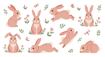 Adobe illustrator vector artwork set of cute rabbits in various poses, adorned with butterflies, flowers, and leaves. Perfect for spring, Easter, nature, and animal themes