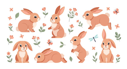 Adobe illustrator vector artwork set of cute rabbits in various poses, adorned with butterflies, flowers, and leaves. Perfect for spring, Easter, nature, and animal themes