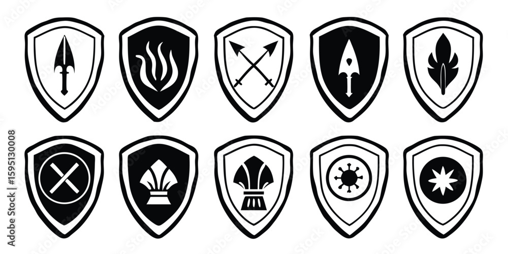 Poster collection of black and white shield icons with various symbols on transparent background this image