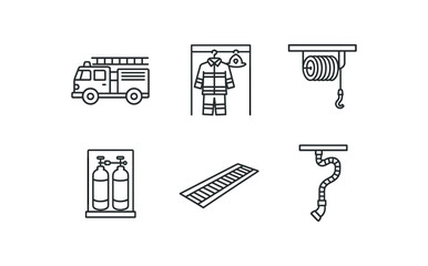 outline stroke icon pumper fire engine, turnout gear rack, overhead hose reel, rapid fill air bottle station, floor drainage trench, diesel exhaust extractor, monoline icons style isolated