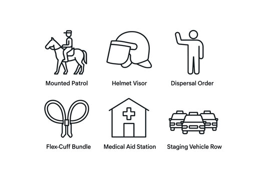 outline stroke icon mounted patrol flank, helmet visor, dispersal order, flex cuff bundle, medical aid station, staging vehicle row, monoline icons style isolated