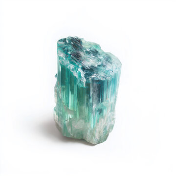 Raw Paraiba tourmaline crystal photographed on clean white backdrop, showcasing its natural vivid blue-green color and raw texture.
