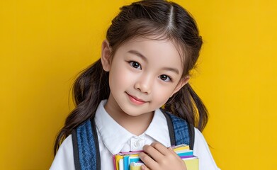 an Asian girl, smiling and holding books in her arms with one hand on each shoulder, wearing a school uniform skirt, a pink backpack