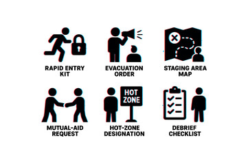 Fototapeta premium rapid entry kit, evacuation order, staging area map, mutual aid request, hot zone designation, debrief checklist, , , , , isolated