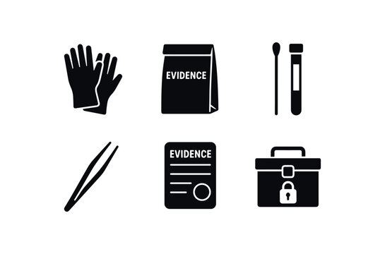 solid icon latex gloves, paper evidence bag, swab vial, tweezers forceps, evidence label, secure transport box isolated