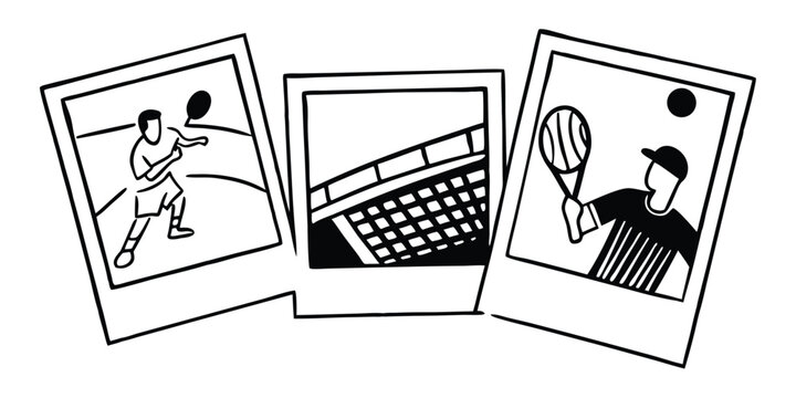 Three Black and White Tennis Photos in Frames on Transparent Background This image features three