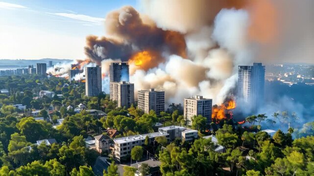 Burning highrise buildings in an urban area with smoke and fire, trees and houses in the foreground, disaster and destruction in city