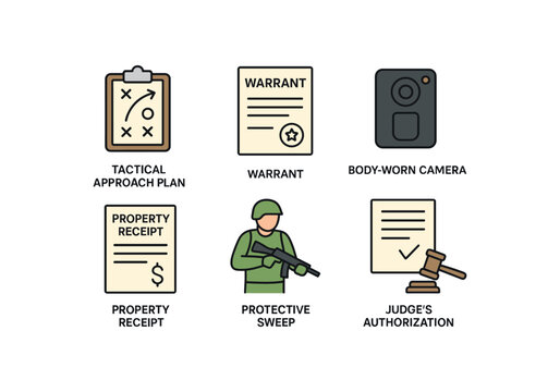 colored tactical approach plan, warrant packet copy, body worn camera activation, property receipt, protective sweep, judge s authorization page perfect colored vector style isolated
