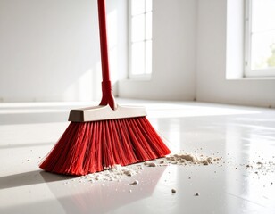 Red broom and dust in whtie room