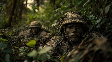 Two soldiers camouflaged in military gear lie low in dense jungle foliage, blending seamlessly with the natural environment.