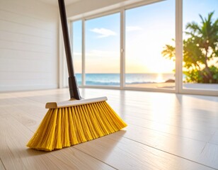 Yellow broom in white room , sea and sunset time from window view