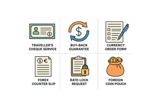 colored traveller s cheque service, buy back guarantee, currency order form, forex counter slip, rate lock request, foreign coin pouch, perfect colored vector style isolated