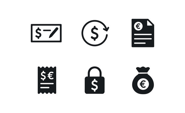 solid icon traveller s cheque service, buy back guarantee, currency order form, forex counter slip, rate lock request, foreign coin pouch, isolated