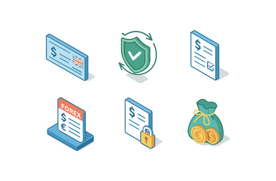 icon traveller s cheque service, buy back guarantee, currency order form, forex counter slip, rate lock request, foreign coin pouch, , , , , isolated
