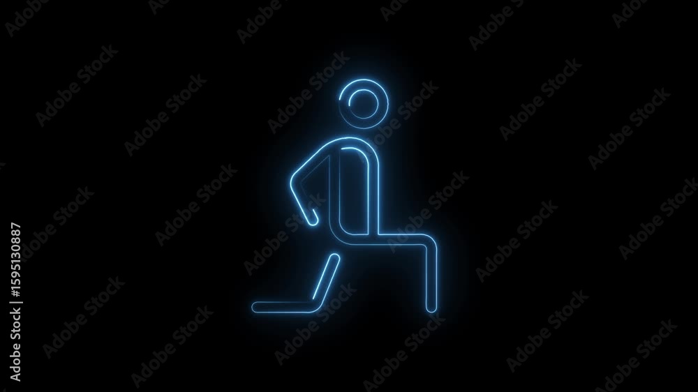 Poster glowing blue neon stick figure icon in a dynamic pose isolated on a black background representing fi