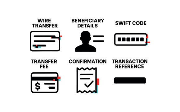 wire transfer form, beneficiary details, SWIFT code entry, transfer fee debit, confirmation receipt, transaction reference, , , , , isolated