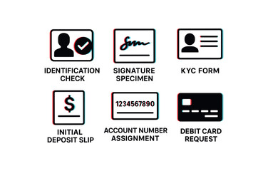 identification check, signature specimen, KYC form, initial deposit slip, account number assignment, debit card request, , , , , isolated