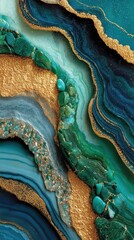 Colorful abstract pattern showcasing layers of green agate, gold glitter, and blue tones in a smooth artistic design